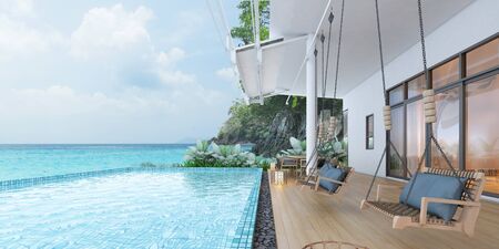 Beautiful view of Swimming Pool with  the sea at sunlight  - 3d rendering