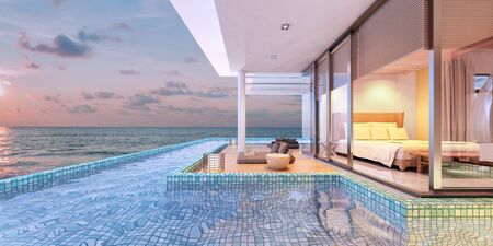 Beautiful view of Swimming Pool with  the sea at sunset  - 3d renderingの写真素材