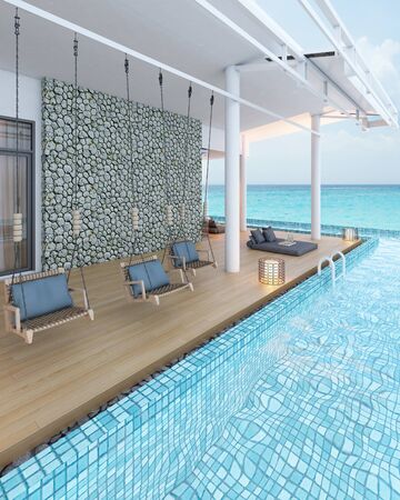 Beautiful view of Swimming Pool with  the sea at sunlight  - 3d renderingの写真素材