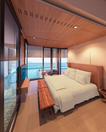 Beautiful view Bedroom with  the sea at sunlight  - 3d renderingの写真素材