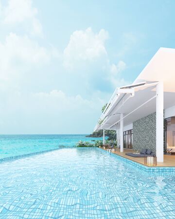 Beautiful view of Swimming Pool with  the sea at sunlight  - 3d renderingの写真素材