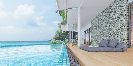 Beautiful view of Swimming Pool with  the sea at sunlight  - 3d renderingの写真素材