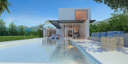 Beautiful view of Modern Sea House with  the sea, Lounge chairs on white floor deck at vacation home  - 3d renderの写真素材