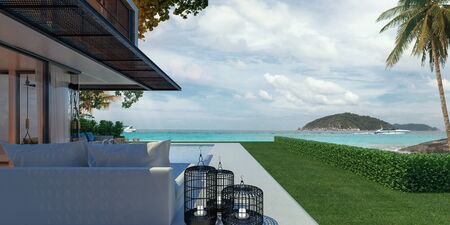 Beautiful view of Modern Sea House with  the sea, Lounge chairs on white floor deck at vacation home...