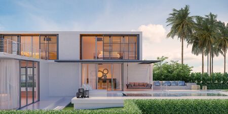 Beautiful view of Modern Sea House with  the sea, Lounge chairs on white floor deck at vacation home  - 3d renderの写真素材