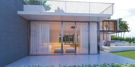 Beautiful view of Modern Sea House with  the sea, Lounge chairs on white floor deck at vacation home  - 3d renderの写真素材