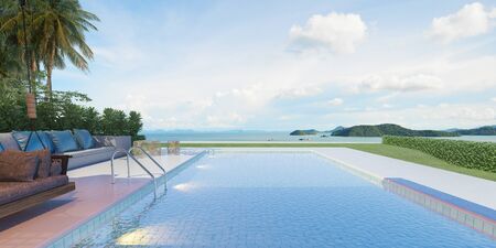 Beautiful view of Modern Sea House with  the sea, Lounge chairs on white floor deck at vacation home  - 3d renderの写真素材