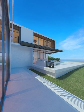 Beautiful view of Modern Sea House with  the sea, Lounge chairs on white floor deck at vacation home  - 3d renderの写真素材
