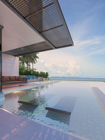 Beautiful view of Modern Sea House with  the sea, Lounge chairs on white floor deck at vacation home  - 3d renderの写真素材