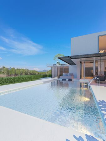 Beautiful view of Modern Sea House with  the sea, Lounge chairs on white floor deck at vacation home  - 3d renderの写真素材