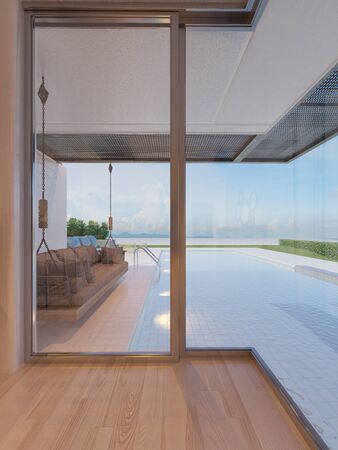 Beautiful view of Modern Sea House with  the sea, Lounge chairs on white floor deck at vacation home  - 3d renderの写真素材