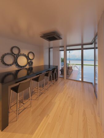 Beautiful view of livingroom Modern Sea House with  the sea,   - 3d renderの写真素材