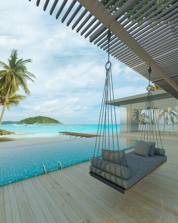Sea view swimming pool in modern loft design,Luxury ocean Beach house, 3d renderingの写真素材