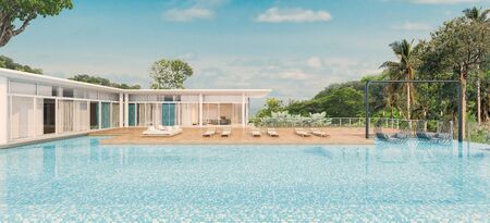 Sea view with a beautiful swimming pool, sunbeds and swings,3d renderの写真素材