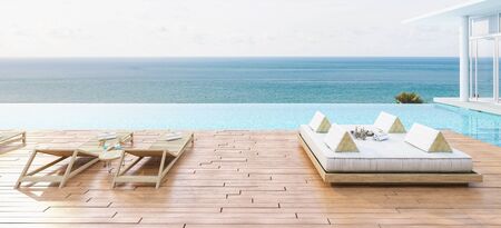 Sea view with a beautiful swimming pool, sunbeds and swings,3d renderの写真素材