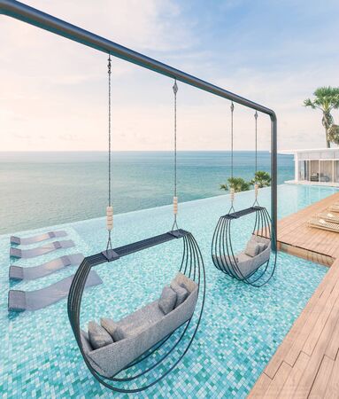 Sea view with a beautiful swimming pool, sunbeds and swings,3d renderの写真素材