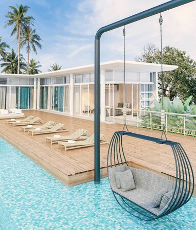 Sea view with a beautiful swimming pool, sunbeds and swings,3d renderの写真素材