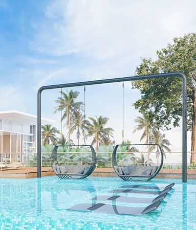 Sea view with a beautiful swimming pool, sunbeds and swings,3d renderの写真素材