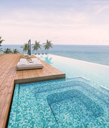 Sea view with a beautiful swimming pool, sunbeds and swings,3d renderの写真素材