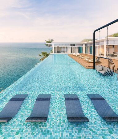 Sea view with a beautiful swimming pool, sunbeds and swings,3d renderの写真素材