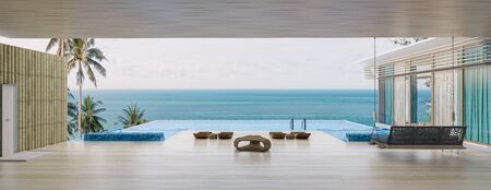 Sea view with a beautiful swimming pool, sunbeds and swings,3d renderの写真素材