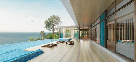 Sea view with a beautiful swimming pool, sunbeds and swings,3d renderの写真素材