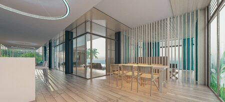 Sea view with a beautiful swimming pool, sunbeds and swings,3d renderの写真素材