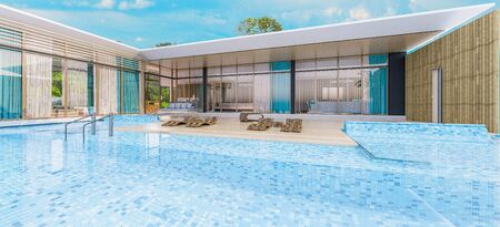 Sea view with a beautiful swimming pool, sunbeds and swings,3d renderの写真素材
