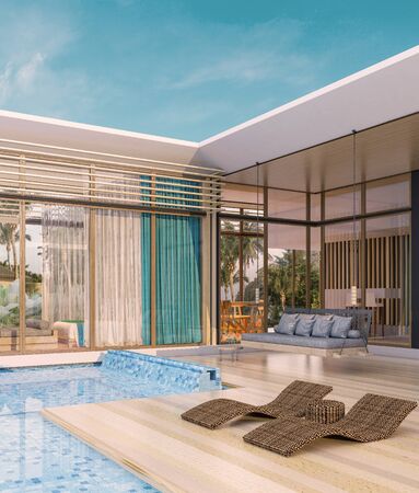 Sea view with a beautiful swimming pool, sunbeds and swings,3d renderの写真素材