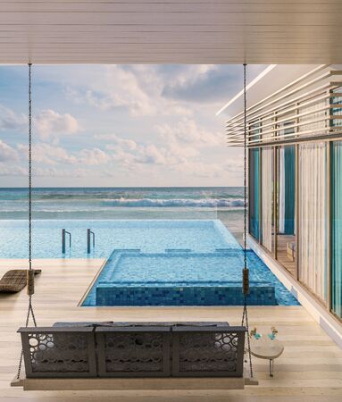 Sea view with a beautiful swimming pool, sunbeds and swings,3d renderの写真素材
