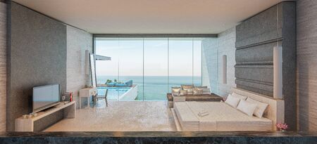 Modern loft bedroom and swimming pool in house or resort with sea view.3d renderの写真素材