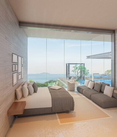 Modern loft bedroom and swimming pool in house or resort with sea view.3d renderの写真素材