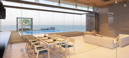Living room, dining room and kitchen in luxury house- 3D renderingの写真素材