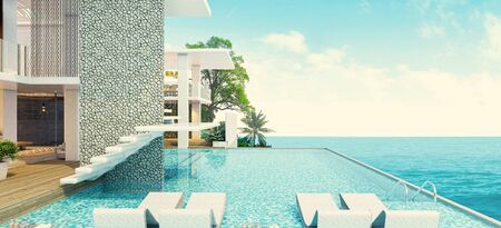 Modern beautiful house with a swimming pool, sea view, blue and white concept,3d renderの写真素材