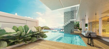 Modern beautiful house with a swimming pool, sea view, blue and white concept,3d renderの写真素材