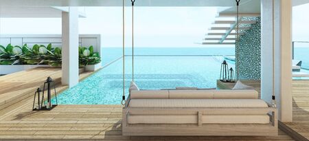 Modern beautiful house with a swimming pool, sea view, blue and white concept,3d render
