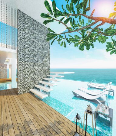 Modern beautiful house with a swimming pool, sea view, blue and white concept,3d renderの写真素材