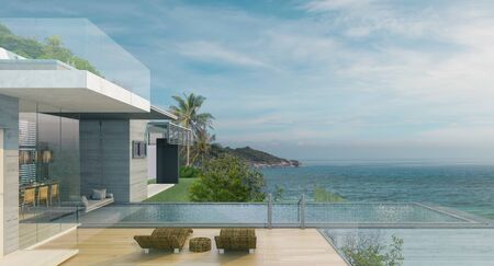 Swimming pool overlooking view sea and clear sky ,beach house,background,summer holiday,3d renderの写真素材