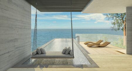Swimming pool overlooking view sea and clear sky ,beach house,background,summer holiday,3d renderの写真素材