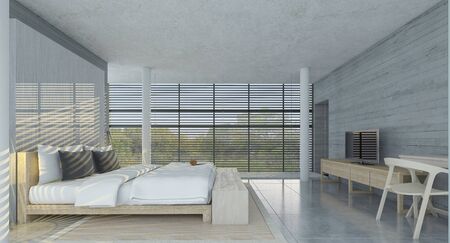 Side view of modern bedroom with concrete walls,  comfortable king size bed and TV set on the wall ,3d renderの写真素材