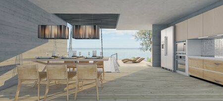 Luxury  dining room with sea view  ,There is a large open sliding door overlooking the sea view.3d renderの写真素材