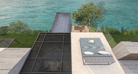 Swimming pool overlooking view sea and clear sky ,beach house,background,summer holiday,3d renderの写真素材