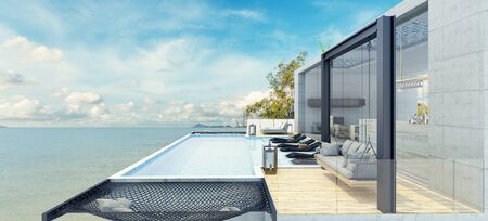 Modern beautiful house with a swimming pool, sea view, blue and white concept,3d renderの写真素材