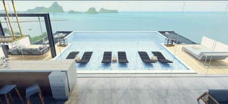 Modern beautiful house Living room, dining room and bar  with a swimming pool, sea view, blue and white concept,3d renderの写真素材