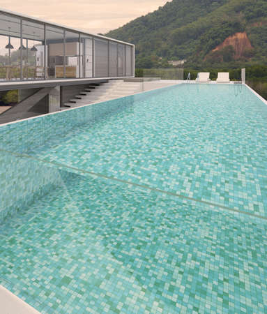 Sea view swimming pool in modern loft design,Luxury ocean Beach house, 3d renderingの写真素材