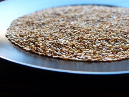 Sesame on black plate closeupの写真素材