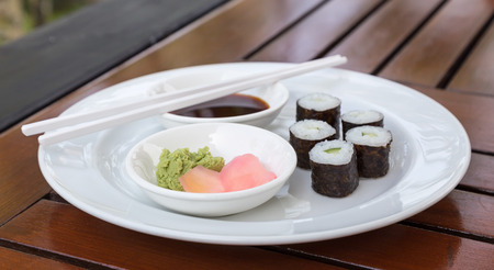 Hoso Maki Sushi Vegetarian with wasabi and gingerの写真素材