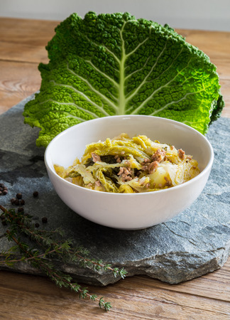 Savoy cabbage stew with potatoes and minced.の写真素材