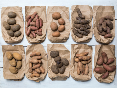 Potatoes on a white wooden board concept.の写真素材