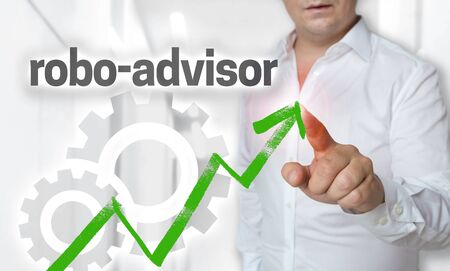 Robo-Advisor touchscreen concept is operated by Man.の写真素材